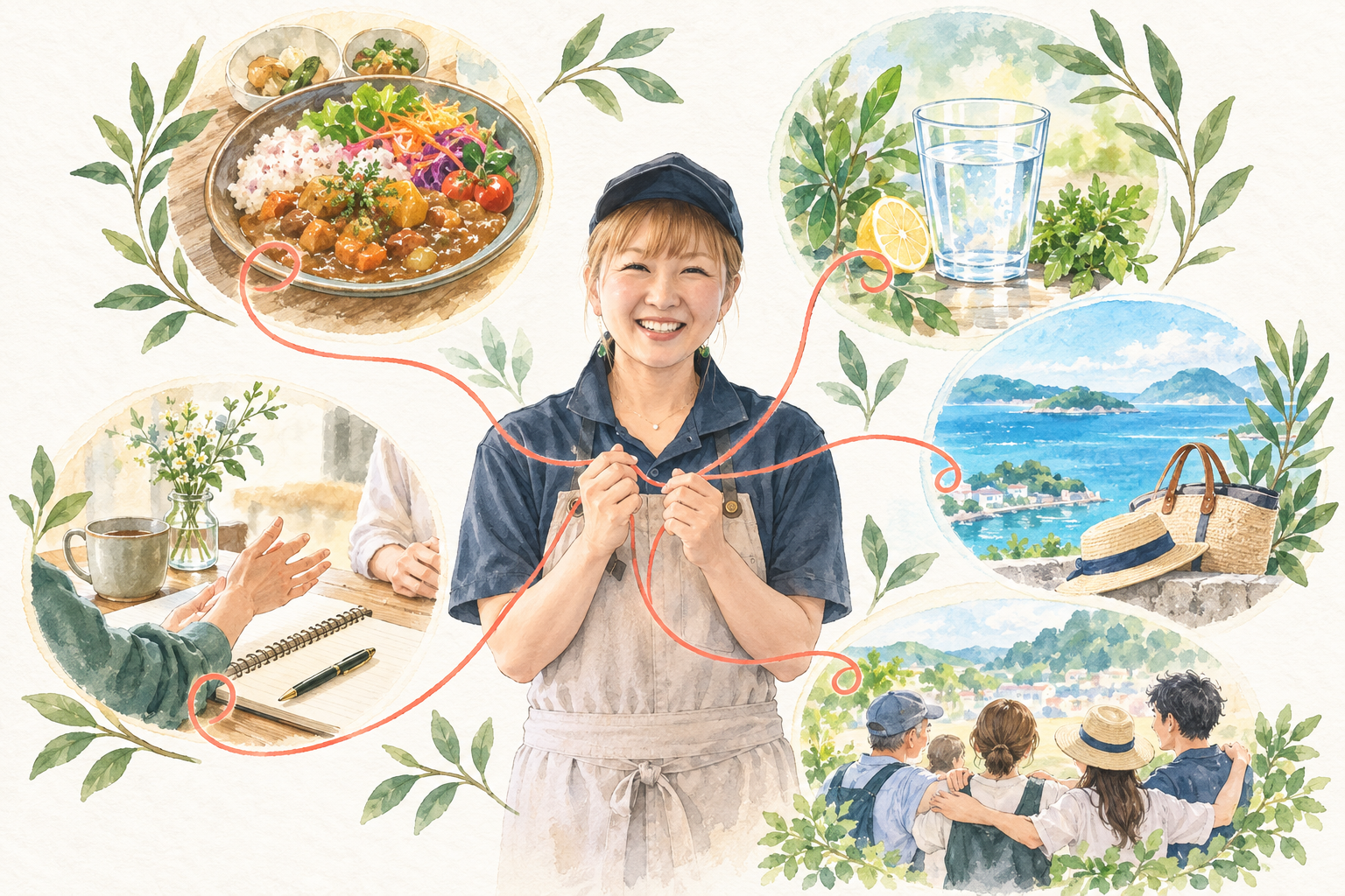 食、健康、旅、言葉、地域を人とのご縁でつなぐMUSUBIの活動イラスト