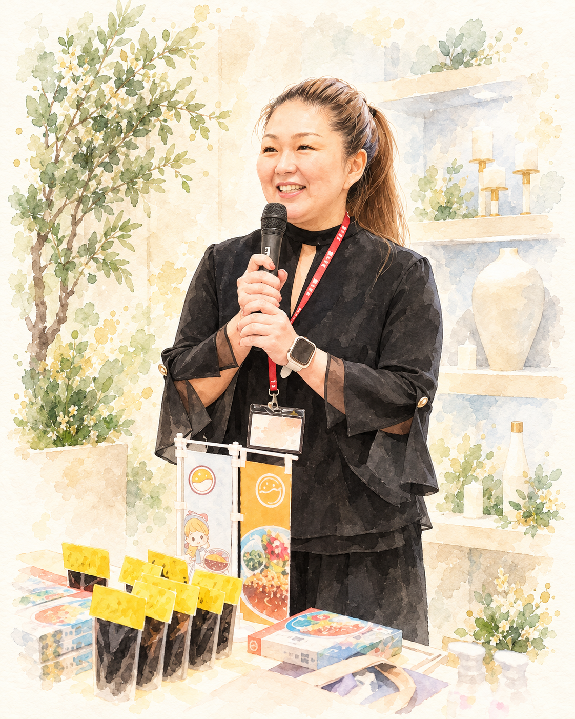 マイクを持って小豆島醤レトルトカレーを紹介する南川慶子の水彩イラスト
