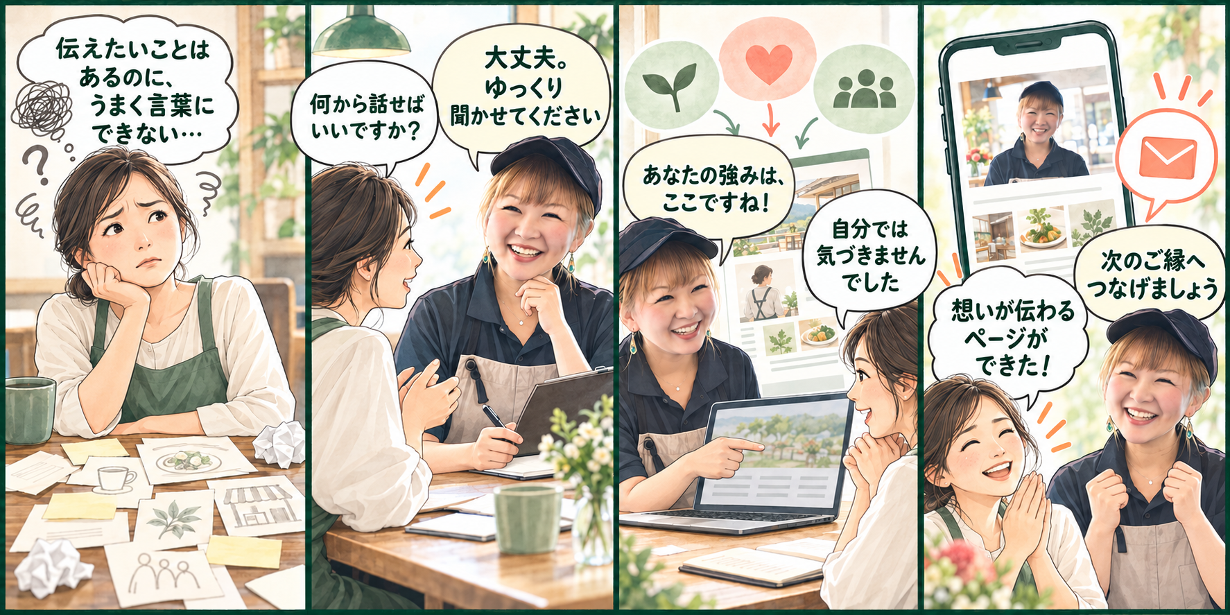 悩みを対話で整理し、魅力を見つけ、仕事につながる言葉とページへ整える流れを描いた4コマ漫画